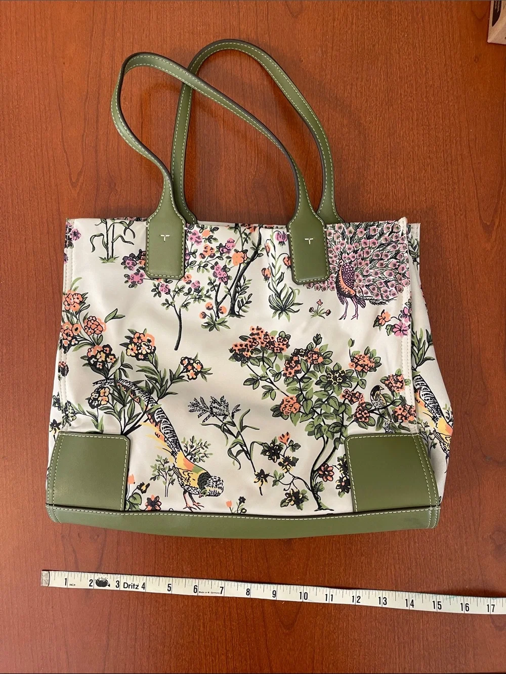 Tory Burch Ella Floral Peacock Tote Green Leather Large Printed Bag